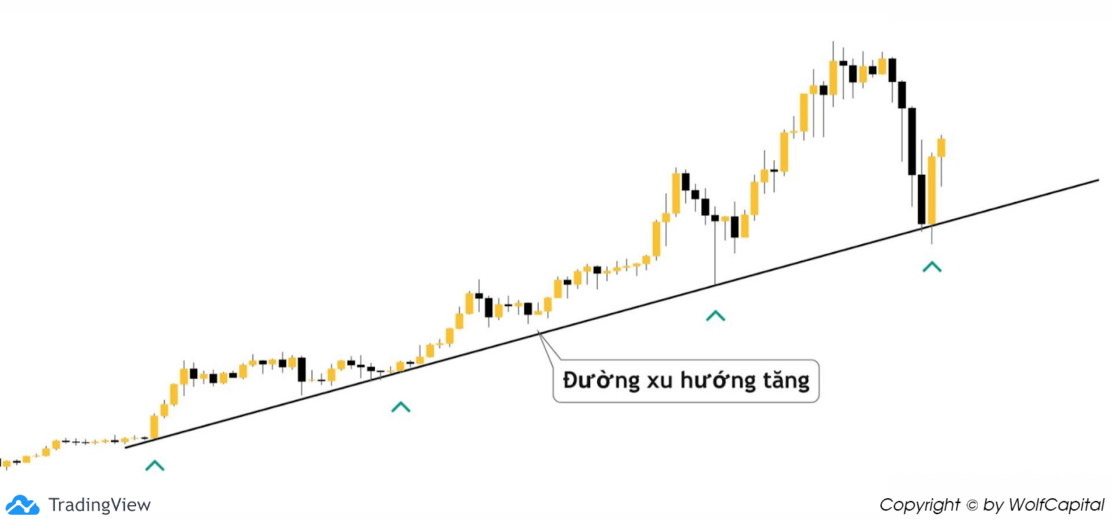 Đường xu hướng dốc lên nối các đỉnh lại với nhau