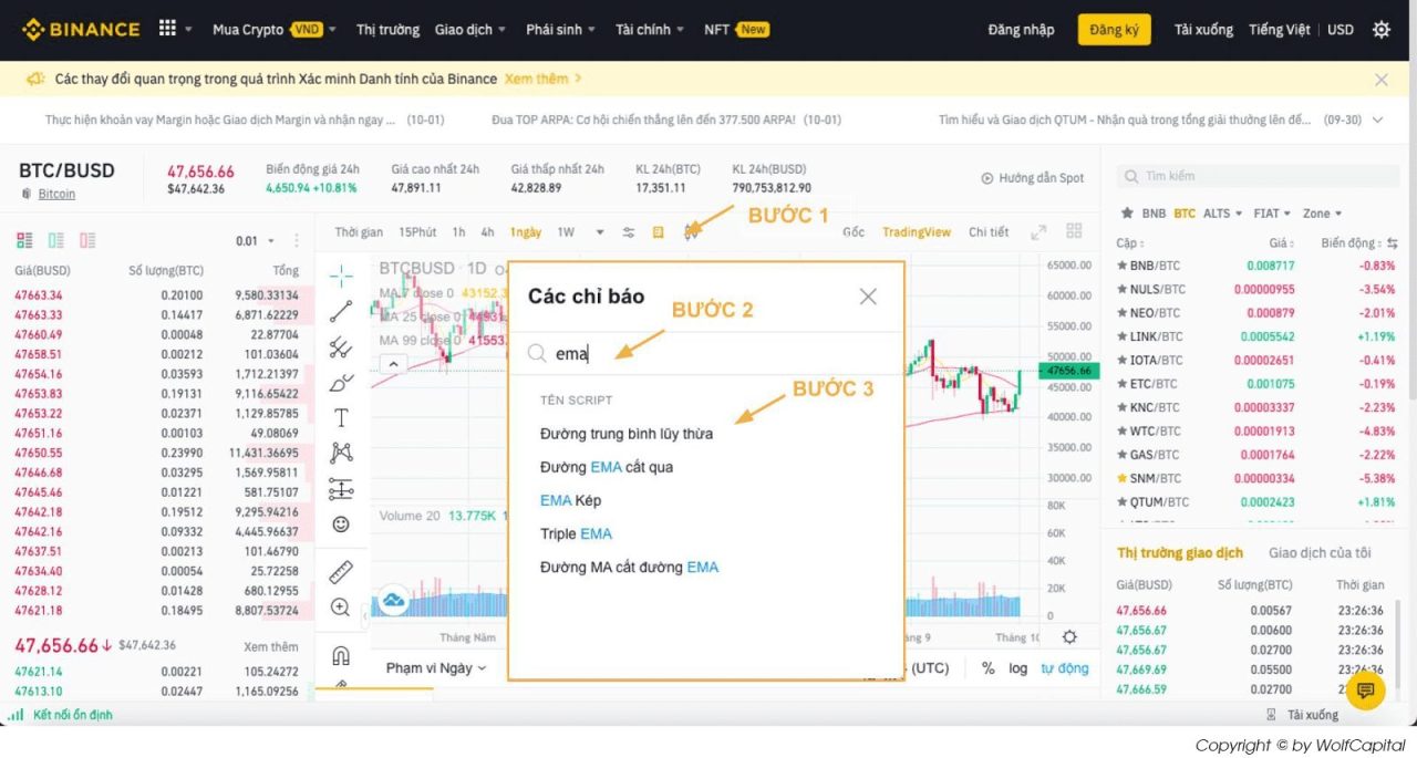 Cài đặt đường MA trên Binance